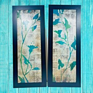 2 Botanical Gardens Green Leaf Foiled Silver Black Framed Wall Art 39"x16"